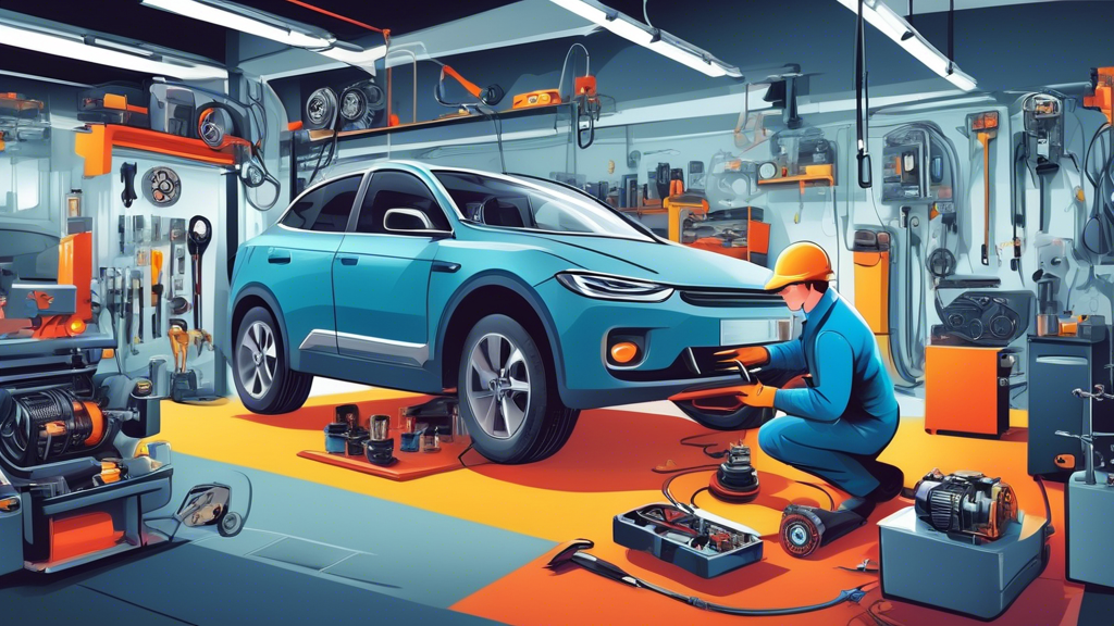 Electric Car Care 101: Detailed illustration of a mechanic performing EV maintenance on the electric motor of a car, with tools and electric vehicle components highlighted, set in a modern, well-equipped automotive workshop.