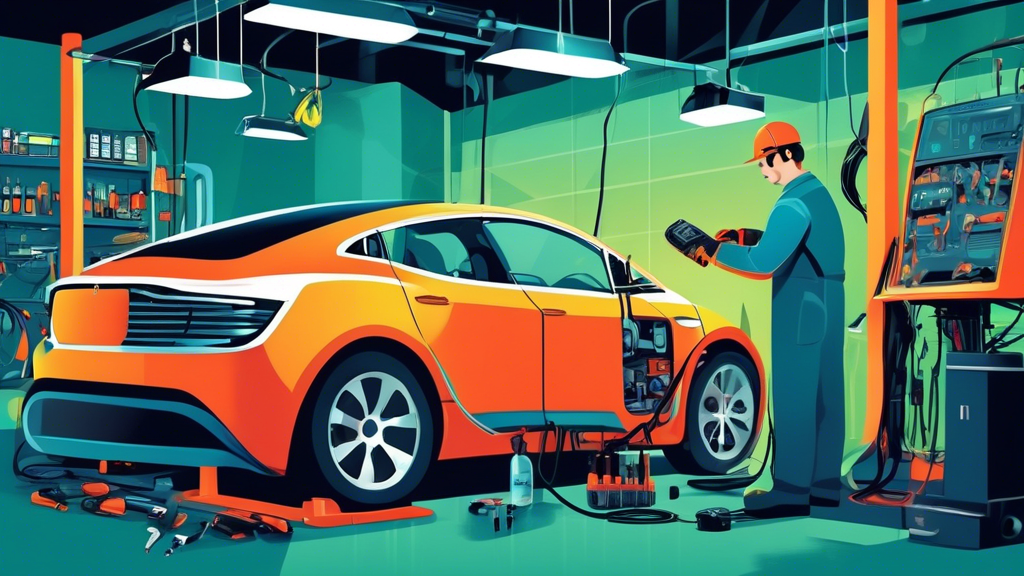 An illustration showing a mechanic performing maintenance on the advanced battery and electrical system of an electric car, with tools and diagnostic equipment, in a modern, eco-friendly auto repair shop.