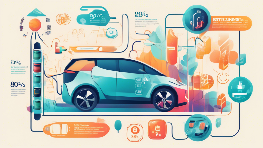 The 80% Charge Rule for Electric Vehicles: Illustration of an electric vehicle parked at a charging station, with a visually engaging infographic overlay demonstrating the battery charging up to 80%, surrounded by icons or symbols representing energy efficiency, battery longevity, and environmental benefits.