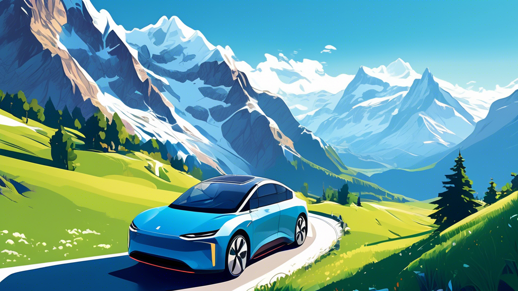 EV road trip in Switzerland: A scenic landscape of the Swiss Alps with a solar-powered electric vehicle parked on the side of a picturesque mountain road, showcasing lush greenery and snow-capped peaks under a clear blue sky.