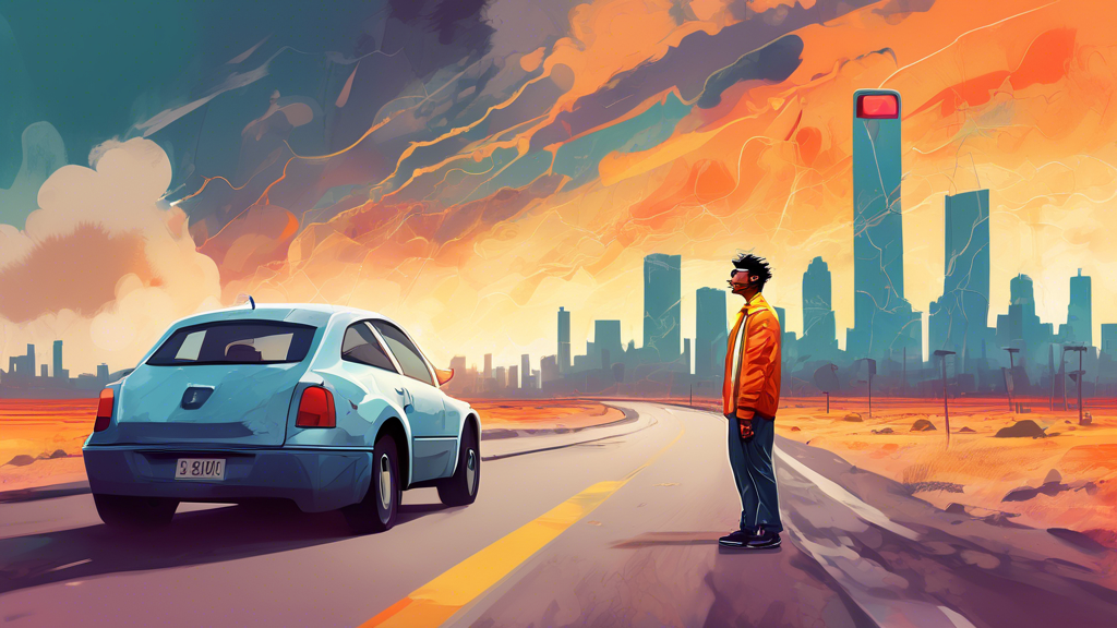 Exploring the Downsides of Electric Cars: A digital artwork depicting a frustrated driver standing beside a broken-down electric car on a deserted road, with a warning light visible on the dashboard, and a distant city skyline under a cloudy