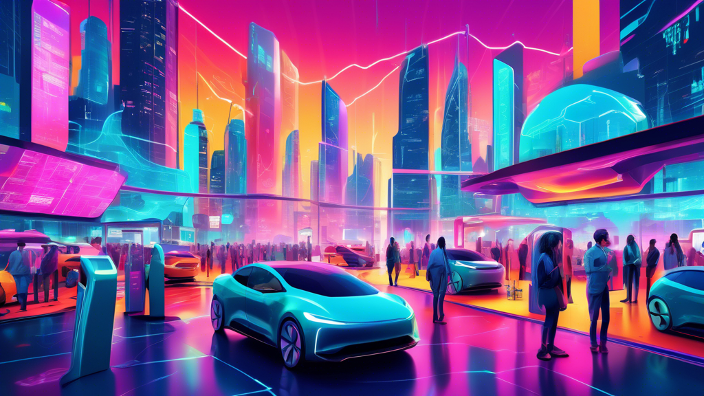 Exploring the opportunity EV Resales Market: A vibrant digital artwork of a futuristic cityscape with bustling EV resales market, showing diverse people examining EVs, charging stations in the background, and digital displays showing