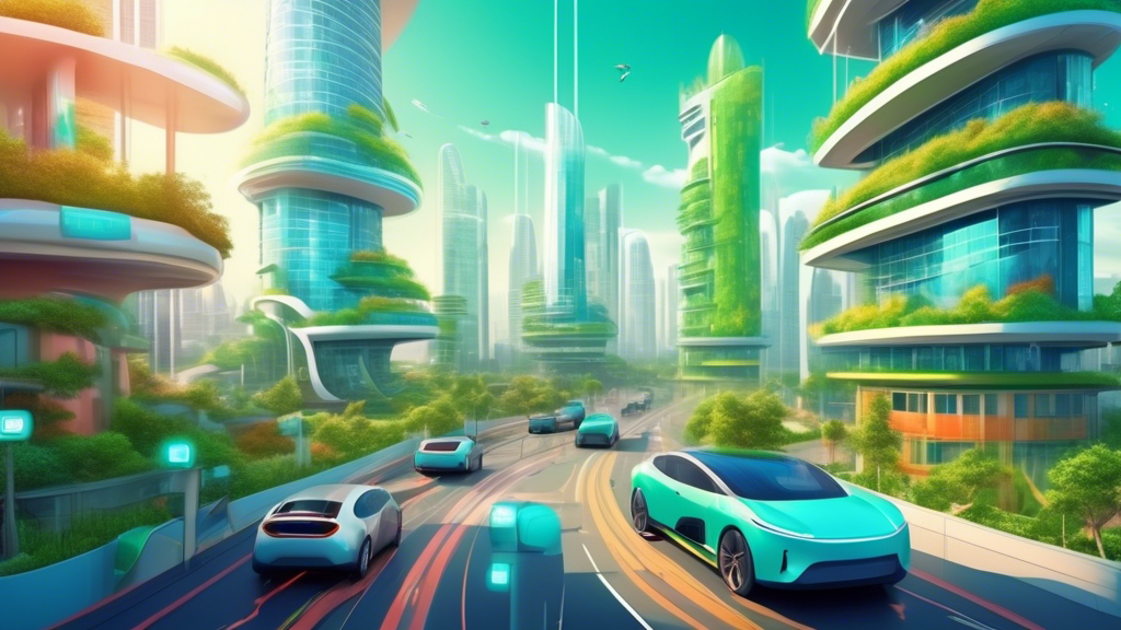 Electric vehicles driving through a futuristic, sustainable city in Southeast Asia with solar panels and green roofs on buildings.