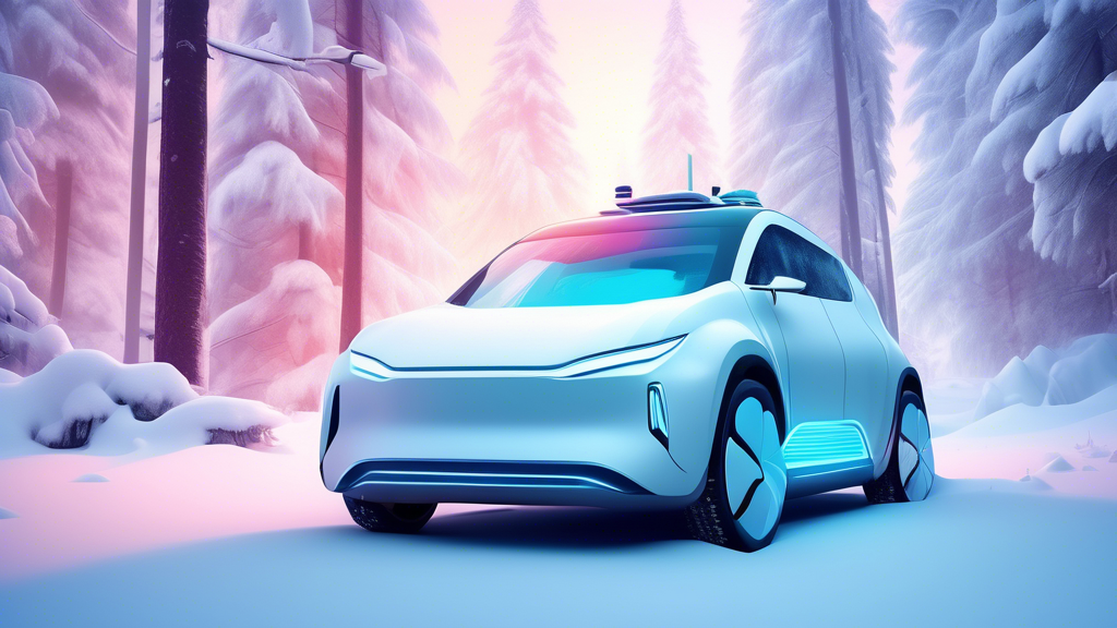 How Do Electric Car Batteries Perform in Cold Weather? A digital artwork depicting a futuristic electric car gently covered with snow, parked in a scenic winter forest, with visual layers illustrating the battery performance and temperature effects.