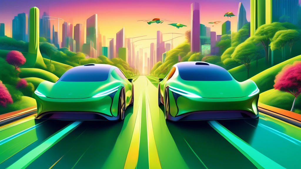 Hybrid vs. Electric Cars: An artistic representation contrasting a futuristic hybrid vehicle and an electric car racing along a split road that divides a lush green landscape and a high-tech cityscape, symbolizing the growth t