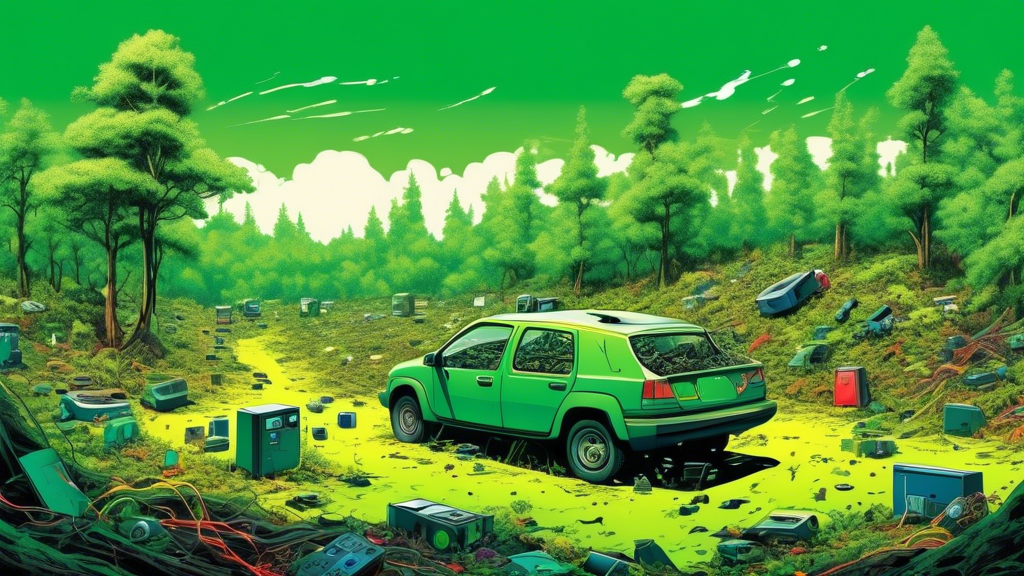 The Impact of EV Batteries on the Environment: An artistic depiction of a lush green forest partially contrasting with a desolate landscape filled with discarded electric vehicle batteries and electronic waste, under a bright, clear sky.