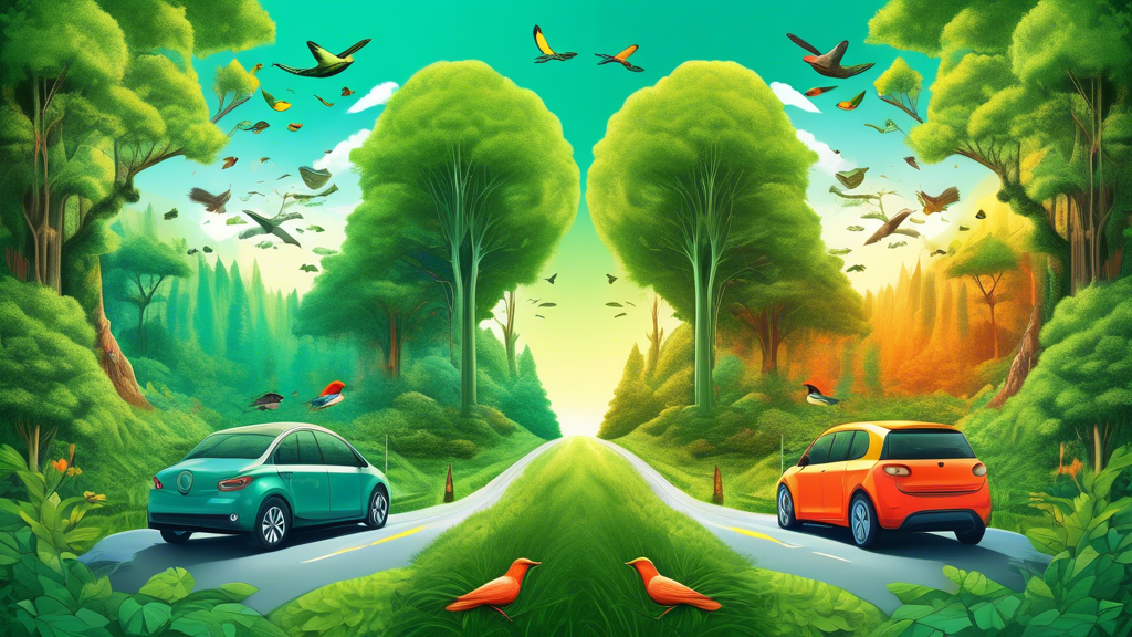 The Impact of Electric Cars on the Environment: A beautifully illustrated landscape split in two halves: on one side, a vibrant, lush green forest with birds and wildlife thriving under clear skies, representing an environment before electric cars;
