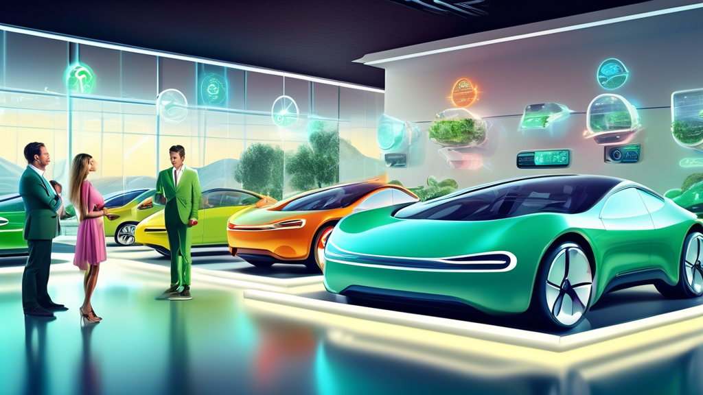 Modern family examining a variety of electric cars in a futuristic dealership with technology interfaces and green energy symbols, showcasing the environmental benefits and futuristic design in a brig