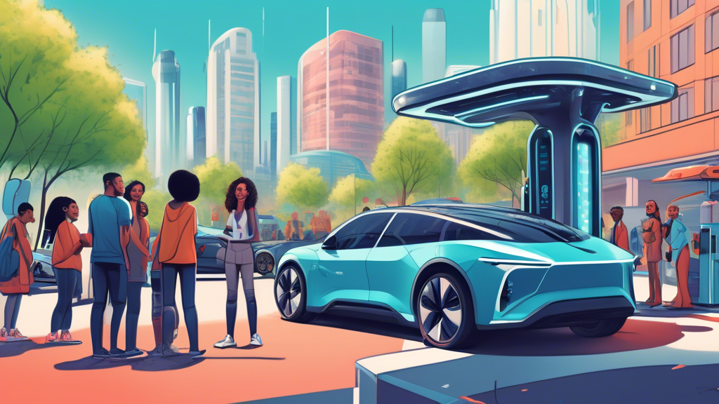 The Adoption of Electric Vehicles: An illustration showing a diverse group of people standing around a large, futuristic electric vehicle charger in the middle of a city. The scene includes a variety of electric cars in the background,