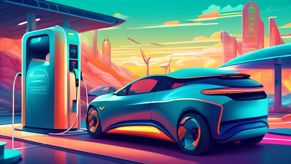 A futuristic electric car charging at a station while a mechanic explains the minimal oil needs with a lubricant bottle in hand, against a backdrop of clean energy sources.