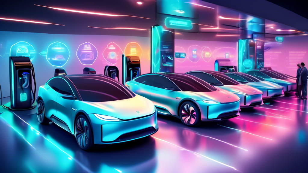 EV Purchase: 5 Essential Steps - A futuristic electric vehicle (EV) charging station bustling with a variety of sleek electric cars and potential buyers holding checklists, with informative holographic displays floating above each car detailing key preparation steps.
