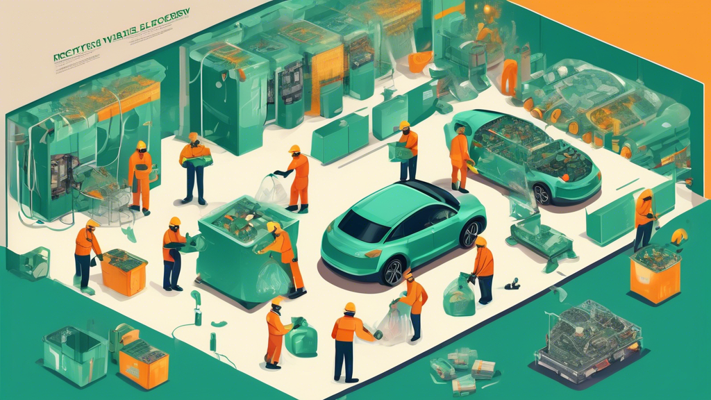Can You Recycle Electric Vehicle Batteries? An illustrated infographic showing the process of recycling electric vehicle batteries, including collection, dismantling, and material recovery, set in an eco-friendly facility with workers in protec
