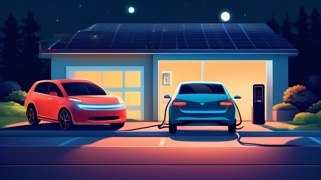 Should I Charge My Electric Car Every Night? A digital illustration of a cozy suburban garage at night, with a modern electric car plugged into a home charging station, surrounded by gentle moonlight and a calendar on the wall marked with check