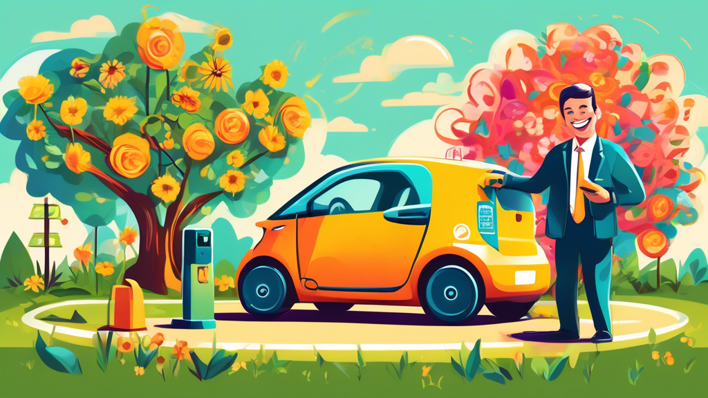 EV Charging Business: A vibrant illustration of a smiling entrepreneur planting a small electric vehicle (EV) charging station seed in a blossoming garden of renewable energy ideas, under a bright sun with dollar signs.
