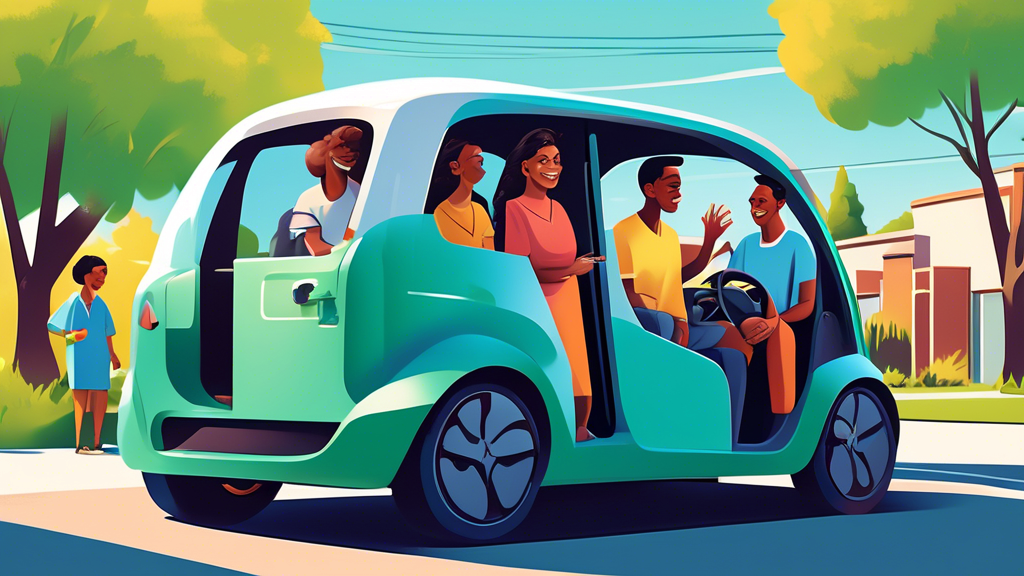 Step-by-step guide on how to sell your EV: Digital illustration of a friendly, diverse group of people from various ethnicities gathered around a sleek, modern electric vehicle in a sunny suburban driveway, with the owner holding a 'For Sale'