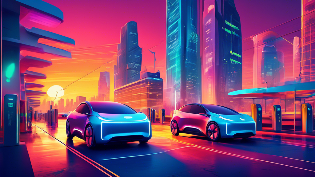 A vibrant, futuristic cityscape at sunset with sleek electric vehicles plugged into fast public charging stations, showcasing a harmonious blend of sustainable energy and urban life.