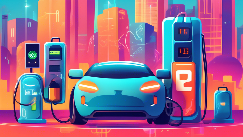 A digital illustration of a worried electric vehicle (EV) battery character plugged into a fast charger, surrounded by icons representing battery degradation, overheating, and increased wear, set against a backdrop of a bustling city and EV charging stations.