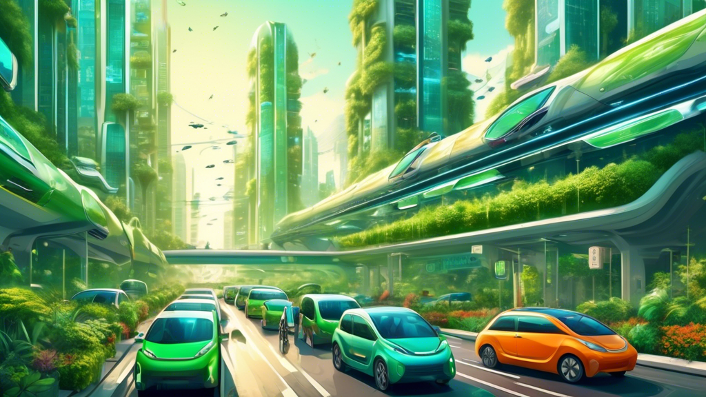 The Future of EVs in Southeast Asia: An artistic, futuristic cityscape in Southeast Asia with a bustling street filled with a variety of sleek electric vehicles, including cars, buses, and bikes, all operating smoothly in harmonious traf