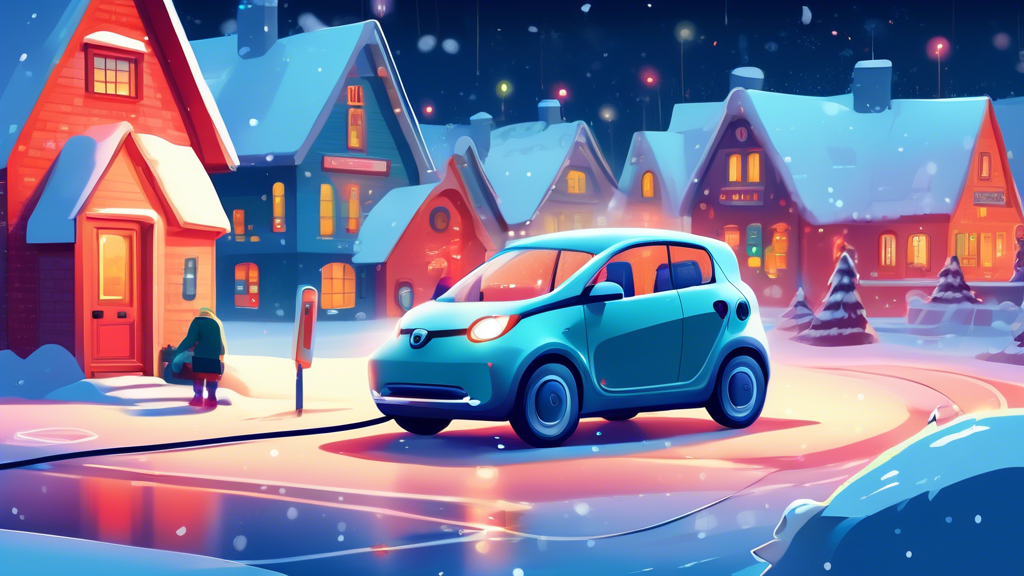 An illustration of a person plugging in an electric car during a snowy night, with visible battery status indicators and tips overlaid on the image, set in a charming winter village scene.