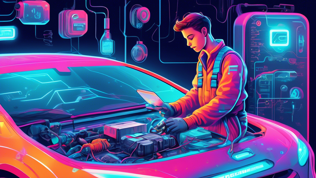 An illustrated guidebook cover featuring a mechanic in futuristic overalls using a high-tech diagnostic tool on an open electric car's battery pack, with holographic car parts floating around and a digital maintenance checklist visible in the background.