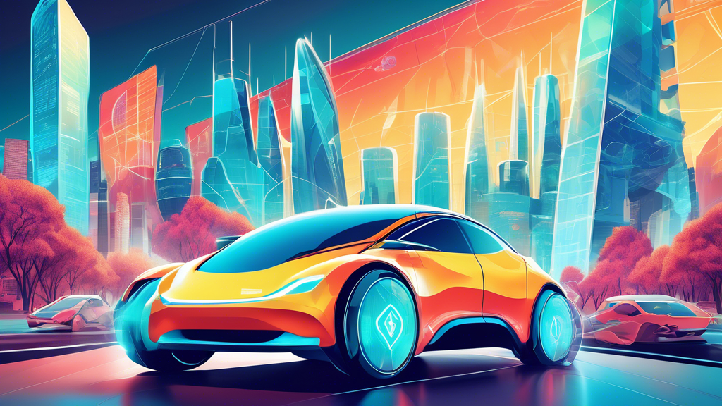 An illustrated guidebook cover showcasing a futuristic electric car surrounded by EV car insurance policy documents and protective shields, with a city powered by renewable energy in the background.