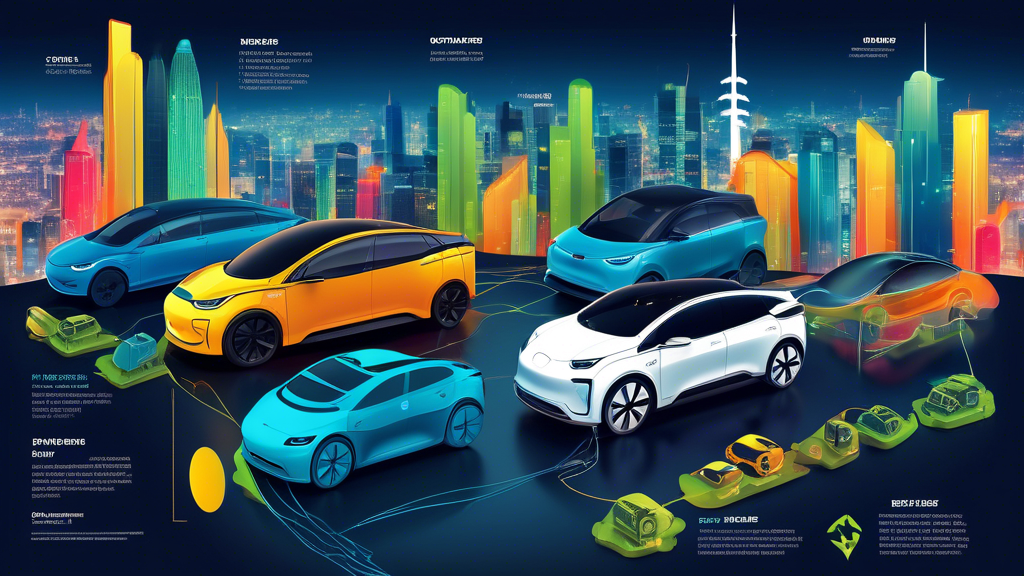 A visual infographic detailing the depreciation curve of electric vehicles (EVs) over time, with key factors highlighted, set against a backdrop of a futuristic cityscape with diverse EV models.