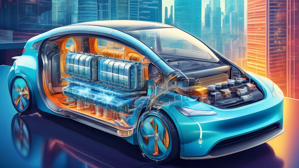 ev battery cooling systems: Illustration of an electric vehicle's battery system being cooled with advanced cooling technology in a cutaway view, showing detailed internal components and coolant flow, set against a futuristic city background.