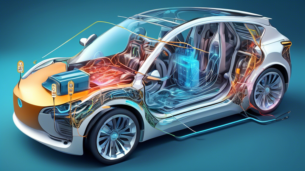 An intricate illustration showing the inner workings of regenerative braking (Regenerative Braking Systems) in an electric vehicle, with arrows indicating the flow of energy from the wheels back to the battery.