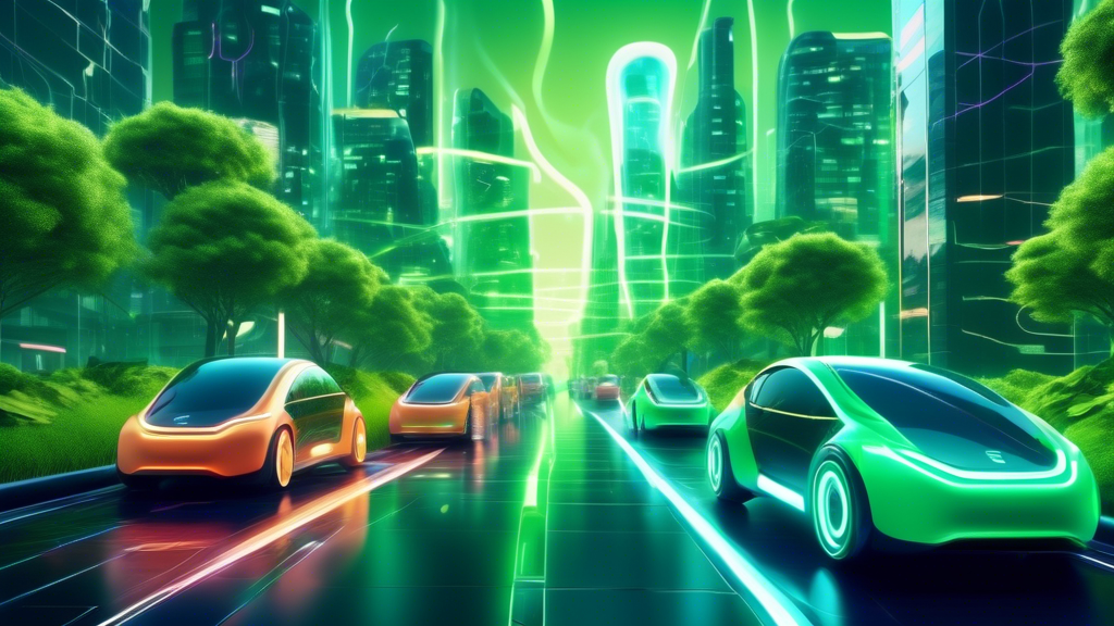 Regenerative Braking Systems: A futuristic cityscape with electric cars showcasing visible regenerative braking energy waves, set in a lush green urban environment, illustrating sustainable technology.