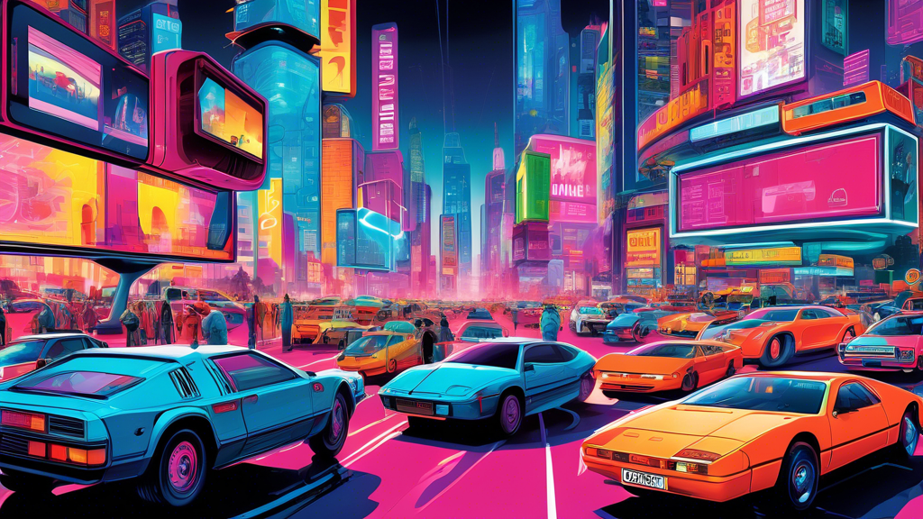 Will EV Price Drop: Digital artwork of a bustling futuristic cityscape comparing sizes and prices of 1980s mobile phones and present-day electric vehicles displayed on a giant, vivid billboard.