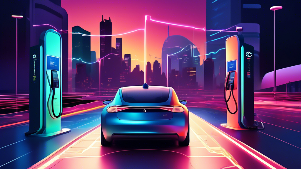 An electric car charging station with two ports, one labeled AC and the other DC, set in a futuristic cityscape during twilight, with visible electric currents illustrating distinct patterns and color