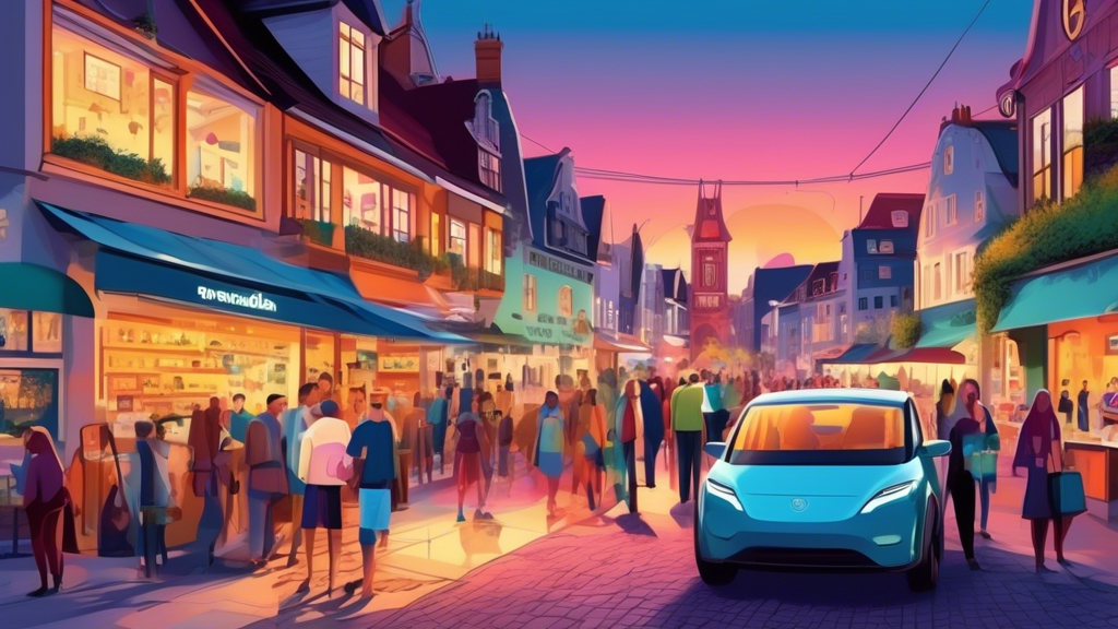 Are EV drivers the next gold mine for tourism? An idyllic town center at dusk, bustling with electric vehicles and charging stations, as diverse groups of tourists explore shops and cafes, with digital billboards displaying ads targeted towards EV