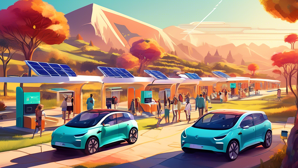 Formula E Cars vs Standard Electric Vehicles and Tourism: An eco-friendly tourist destination equipped with electric vehicle charging stations set in a beautiful landscape, featuring travelers happily interacting and charging their vehicles under solar-panel
