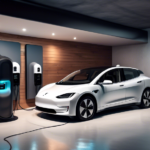 A modern home garage equipped with various types of electric car chargers, showcasing different models such as wall-mounted, portable, and pedestal chargers. An electric car is parked, plugged in, and charging, emphasizing the integration of eco-friendly technology in a contemporary living space. Include details like a neat cable management system, LED indicators on chargers, and a home backdrop with solar panels on the roof to highlight sustainable living.