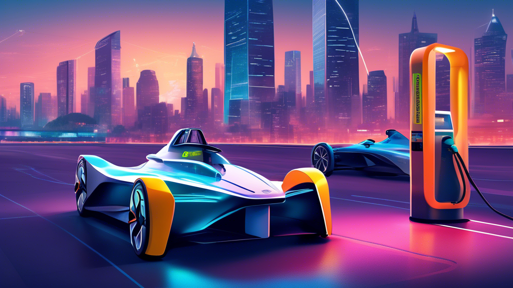Formula E Cars vs Standard Electric Vehicles: An artistic illustration showing side by side comparison of a Formula E race car and a standard electric vehicle at charging stations, with a detailed infographic overlay highlighting key differences