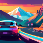 Create an image showing an electric car driving confidently on a scenic highway with a distant mountain range, multiple charging stations conveniently placed along the route, and a digital dashboard d