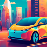 Create an image of an electric car plugged into a charging station with a backdrop of a modern cityscape. Beside the car, display insurance documents and icons such as a shield, check mark, and dollar