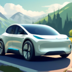 Create an image of a modern electric car on a scenic road trip route. The car is fully electric, with a futuristic design, and is parked at a charging station located at a picturesque rest stop. Surro