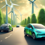 Create an image that portrays a comparative scene between an electric car and a traditional gasoline car. Show the electric car driving on a scenic road surrounded by lush green trees, wind turbines,