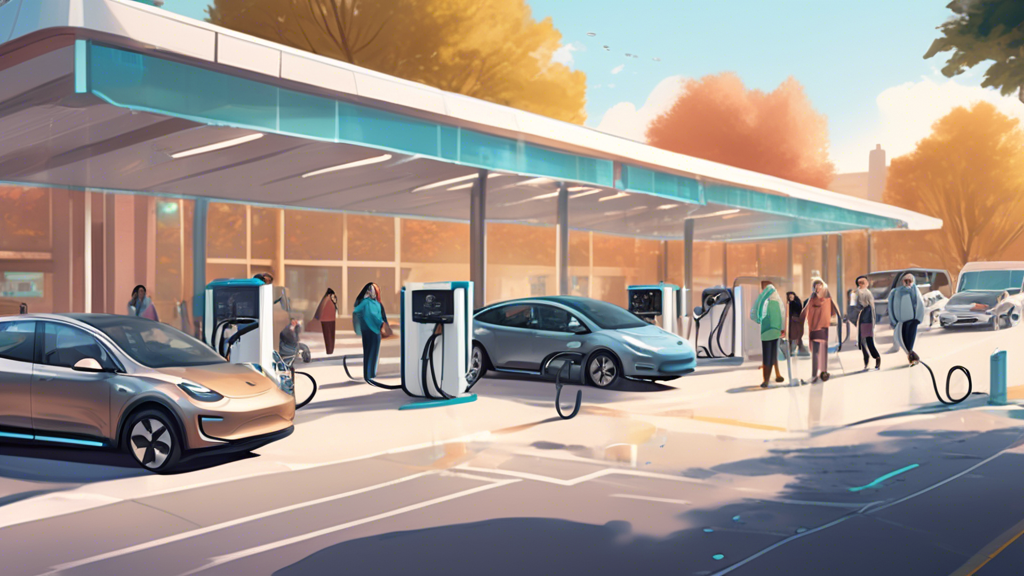 An illustrated scene depicting a spacious, well-lit parking facility with multiple electric vehicle (EV) charging stations, prominently featuring a variety of accessible charging stations for disabled