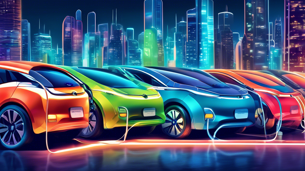 An artistic illustration showing a diverse range of electric car charging connectors lined up side by side, each labeled with its type, under a bright, futuristic cityscape background to emphasize tec