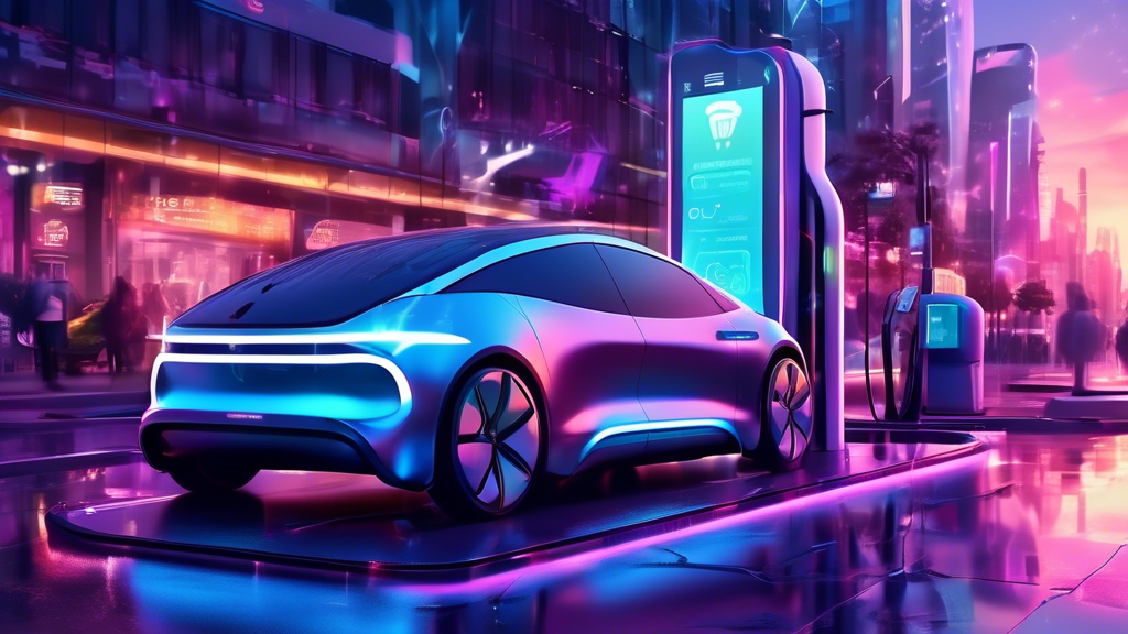 Digital artwork of a futuristic electric car charging station with an informative holographic display showing payment options and power usage, set in a bustling, eco-friendly cityscape at dusk.