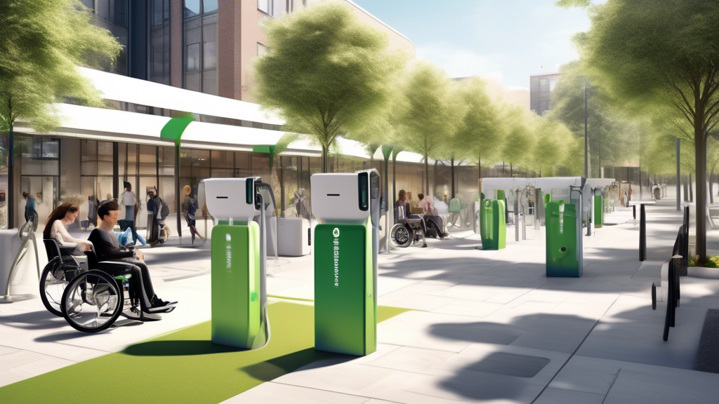Accessible Charging: Illustration of an inclusive public charging station with various devices being charged, including electric wheelchairs, smartphones, laptops, and electric cars. The station is designed with easily re
