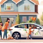 Create an illustration of a family using an electric car in a suburban neighborhood. The car is parked in a driveway with a charging station attached to the house. Show the family members smiling, wit