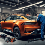 Create an image showing a split scene: on one side, a mechanic servicing an electric car in a modern, clean workshop with high-tech tools, and on the other side, a mechanic working on a gas car in a t
