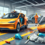 A realistic depiction of a safety crash test involving two electric cars, with one car's crumple zone visibly absorbing impact and airbags deploying inside both vehicles. Safety technicians in high-vi