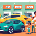 Create an illustration that shows a happy family purchasing an electric car at a dealership. Surround them with price tags reflecting government tax incentives, rebates, and savings. Include visual el