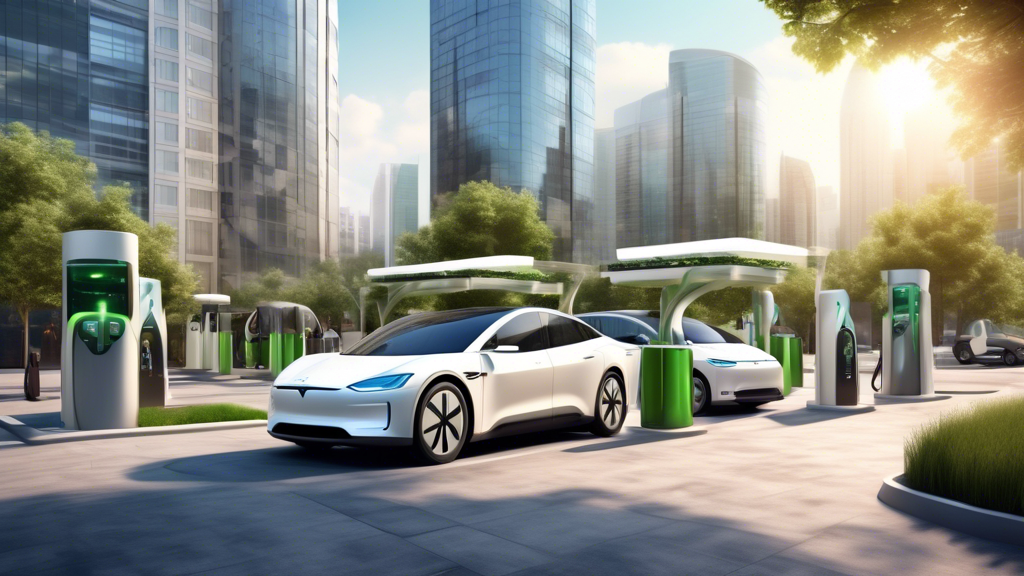 A bustling urban landscape featuring a modern electric vehicle (EV) charging station. The station is equipped with multiple charging ports and is surrounded by various models of electric cars, including sedans, SUVs, and compact cars. The setting blends advanced technology with green elements such as solar panels and trees. In the background, eco-friendly skyscrapers with rooftop gardens showcase a commitment to sustainability.