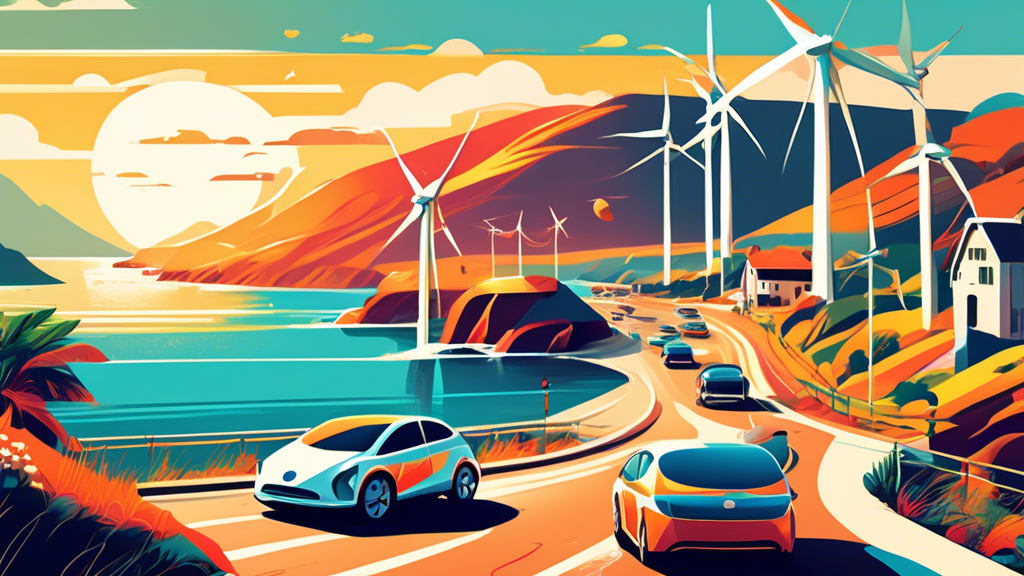 Electric Vehicles: Driving Sustainable Tourism Forward - A beautiful, sunlit coastal road with electric cars from various tourist rental companies driving past wind turbines and solar panels, symbolizing the fusion of sustainable energy and e