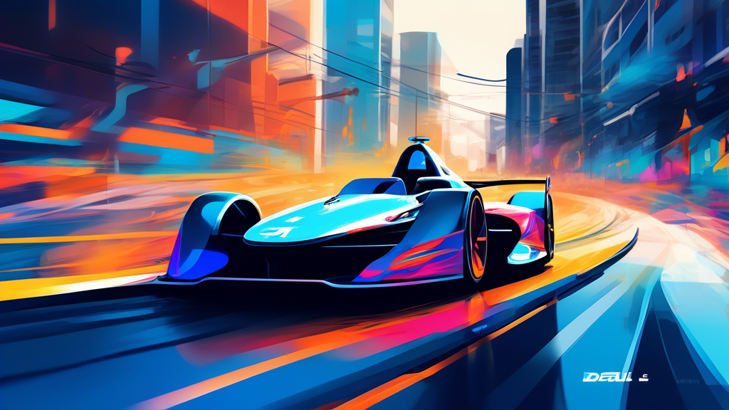 Formula E: -The Electric Racing Revolution: A sleek, futuristic electric race car with vibrant team colors speeds past a packed grandstand on a city street circuit, leaving a trail of blue electric energy in its wake, symbolizing